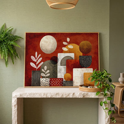 Abstract Botanical Canvas Art with Geometric Shapes, Earth Tones in white oak floating frame