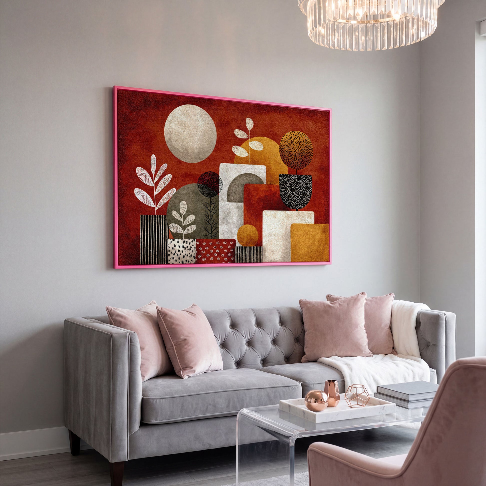 Abstract Botanical Canvas Art with Geometric Shapes, Earth Tones in pink floating frame