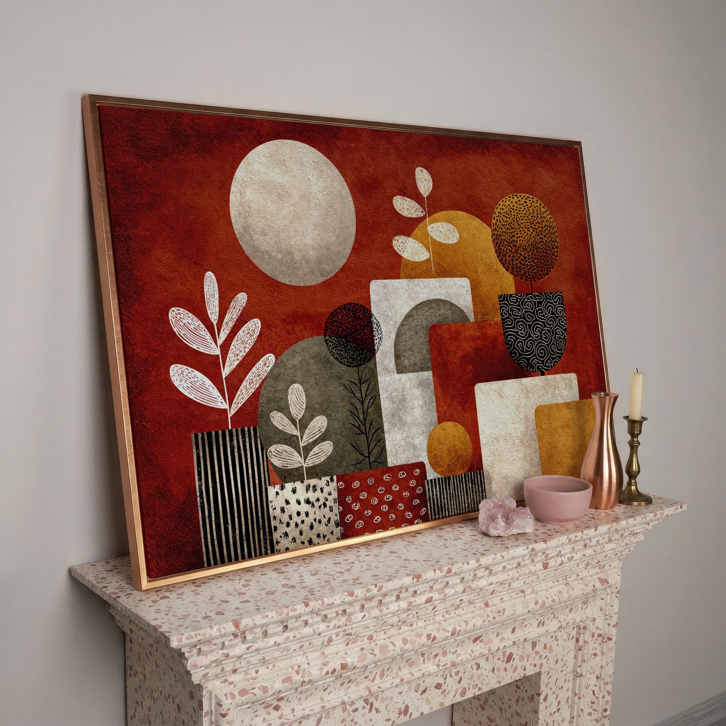 Abstract Botanical Canvas Art with Geometric Shapes, Earth Tones in rose gold floating frame