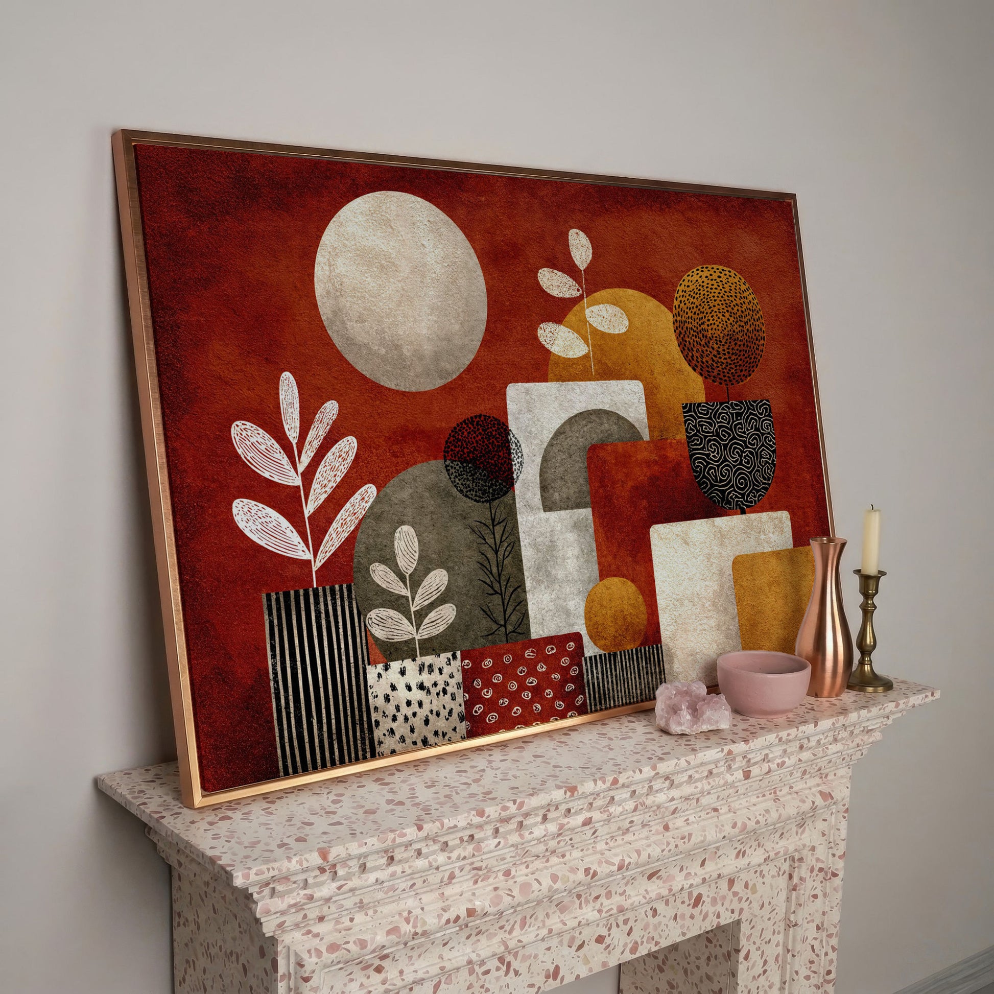 Abstract Botanical Canvas Art with Geometric Shapes, Earth Tones in rose gold floating frame
