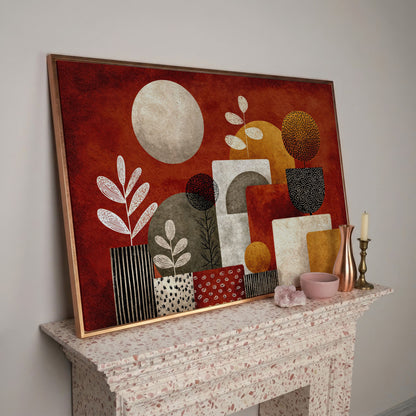Abstract Botanical Canvas Art with Geometric Shapes, Earth Tones in rose gold floating frame
