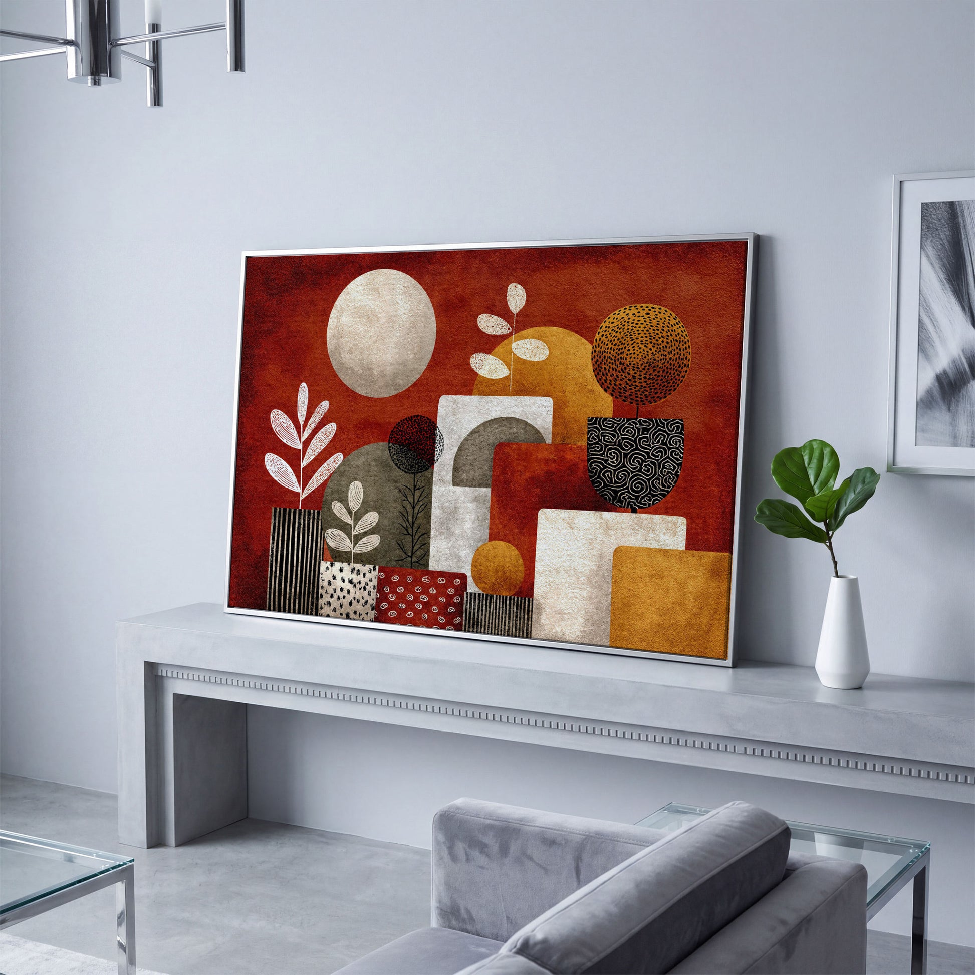 Abstract Botanical Canvas Art with Geometric Shapes, Earth Tones in silver floating frame