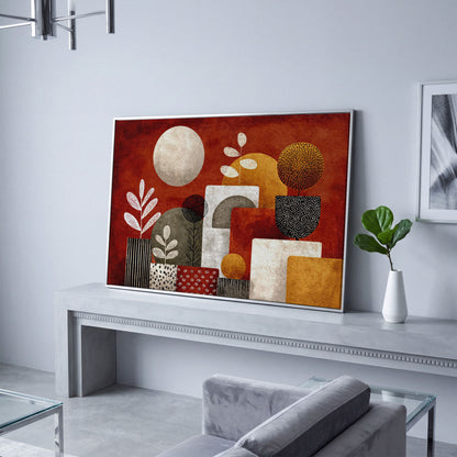 Abstract Botanical Canvas Art with Geometric Shapes, Earth Tones in silver floating frame
