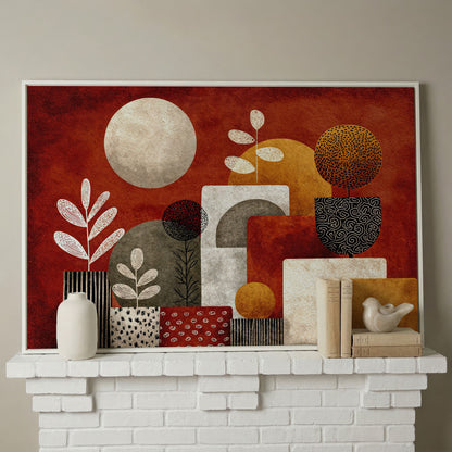 Abstract Botanical Canvas Art with Geometric Shapes, Earth Tones in white floating frame