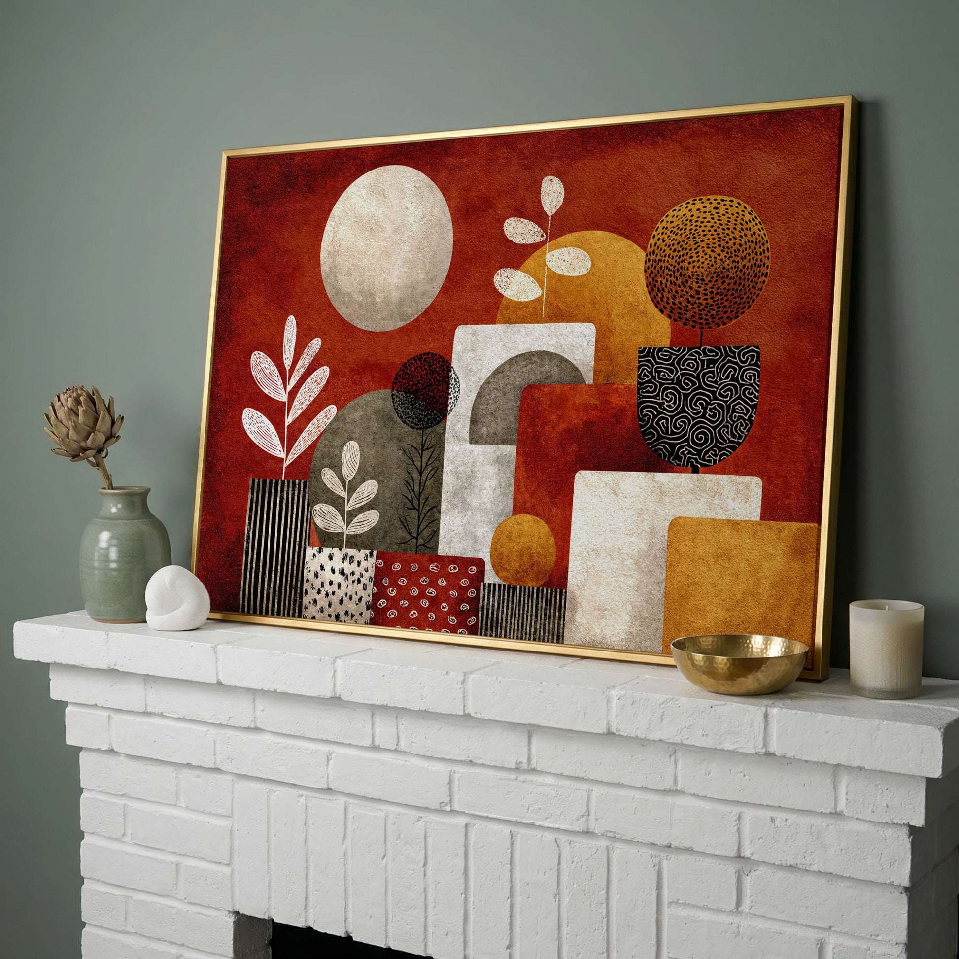 Abstract Botanical Canvas Art with Geometric Shapes, Earth Tones in yellow gold floating frame
