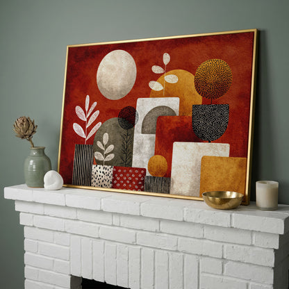 Abstract Botanical Canvas Art with Geometric Shapes, Earth Tones in yellow gold floating frame