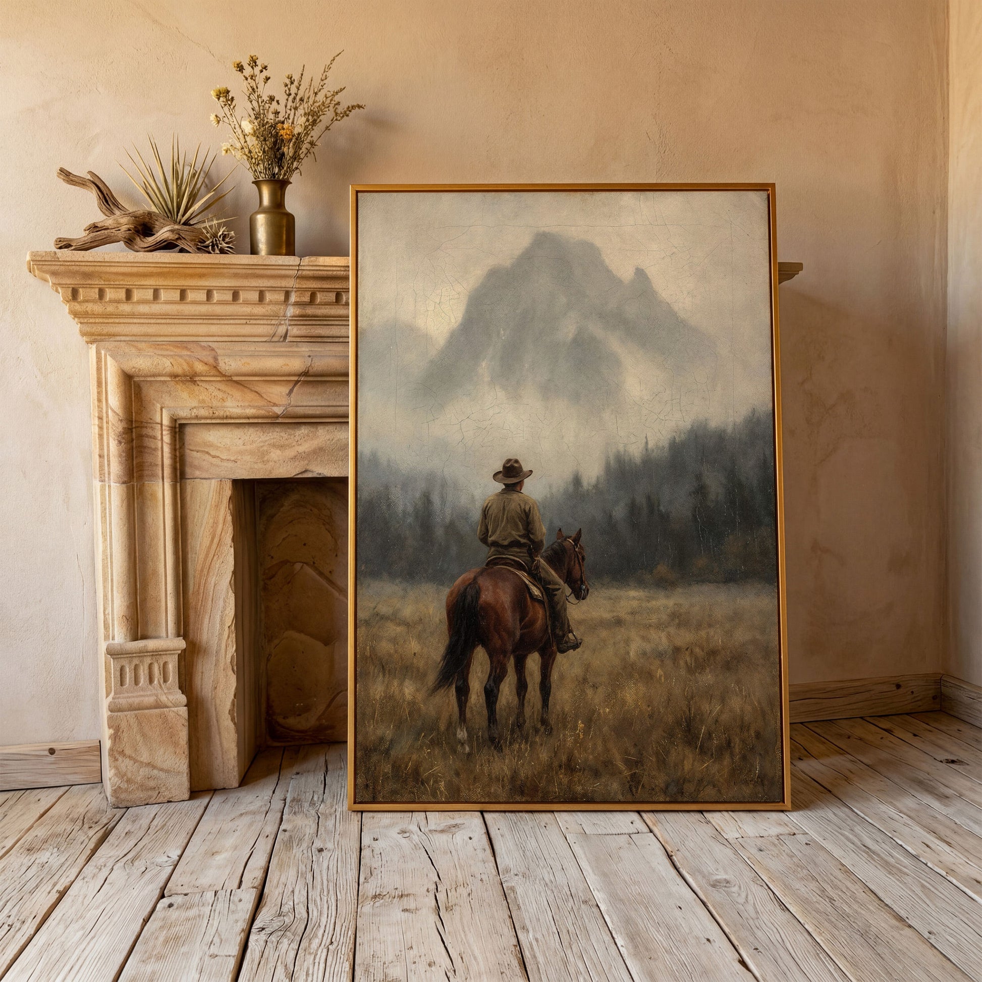 Cowboy on Horseback Canvas Art, Misty Mountain Landscape in antique gold floating frame