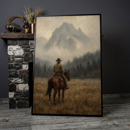 Cowboy on Horseback Canvas Art, Misty Mountain Landscape in black floating frame