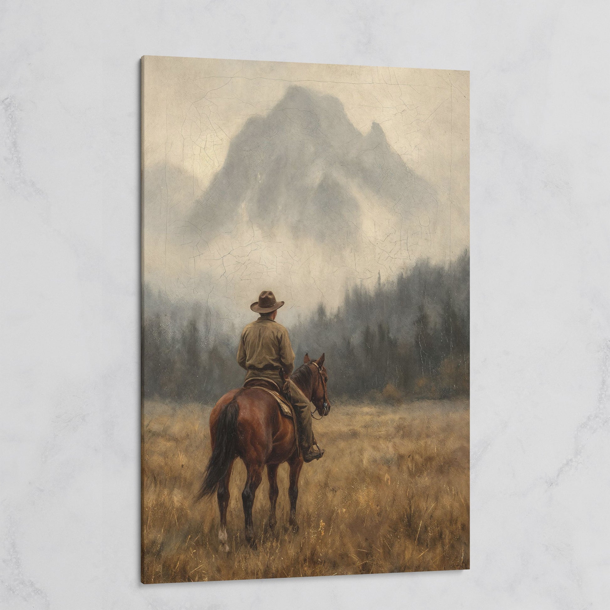 Cowboy on Horseback Canvas Art, Misty Mountain Landscape on gallery wrap