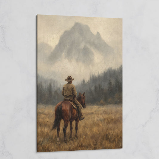 Cowboy on Horseback Canvas Art, Misty Mountain Landscape on gallery wrap