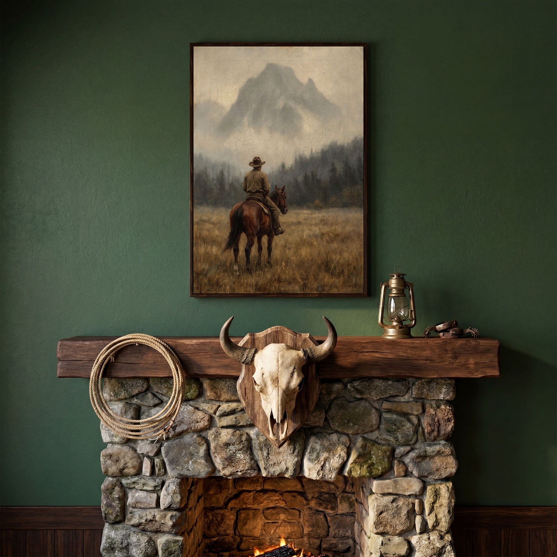 Cowboy on Horseback Canvas Art, Misty Mountain Landscape in dark walnut floating frame
