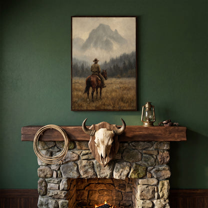 Cowboy on Horseback Canvas Art, Misty Mountain Landscape in dark walnut floating frame