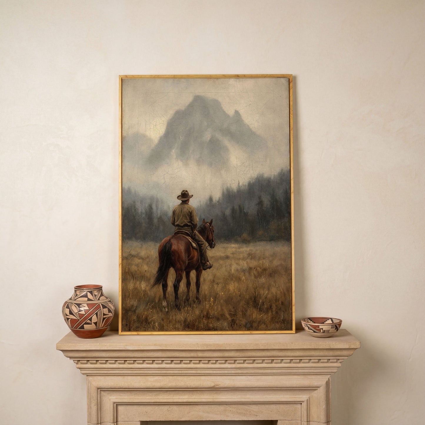 Cowboy on Horseback Canvas Art, Misty Mountain Landscape in white oak floating frame