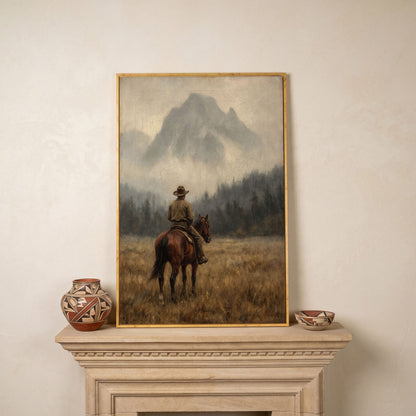 Cowboy on Horseback Canvas Art, Misty Mountain Landscape in white oak floating frame