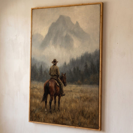Cowboy on Horseback Canvas Art, Misty Mountain Landscape shown in white oak floating frame