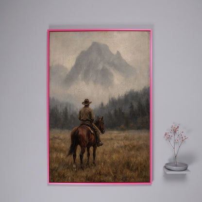 Cowboy on Horseback Canvas Art, Misty Mountain Landscape in pink floating frame