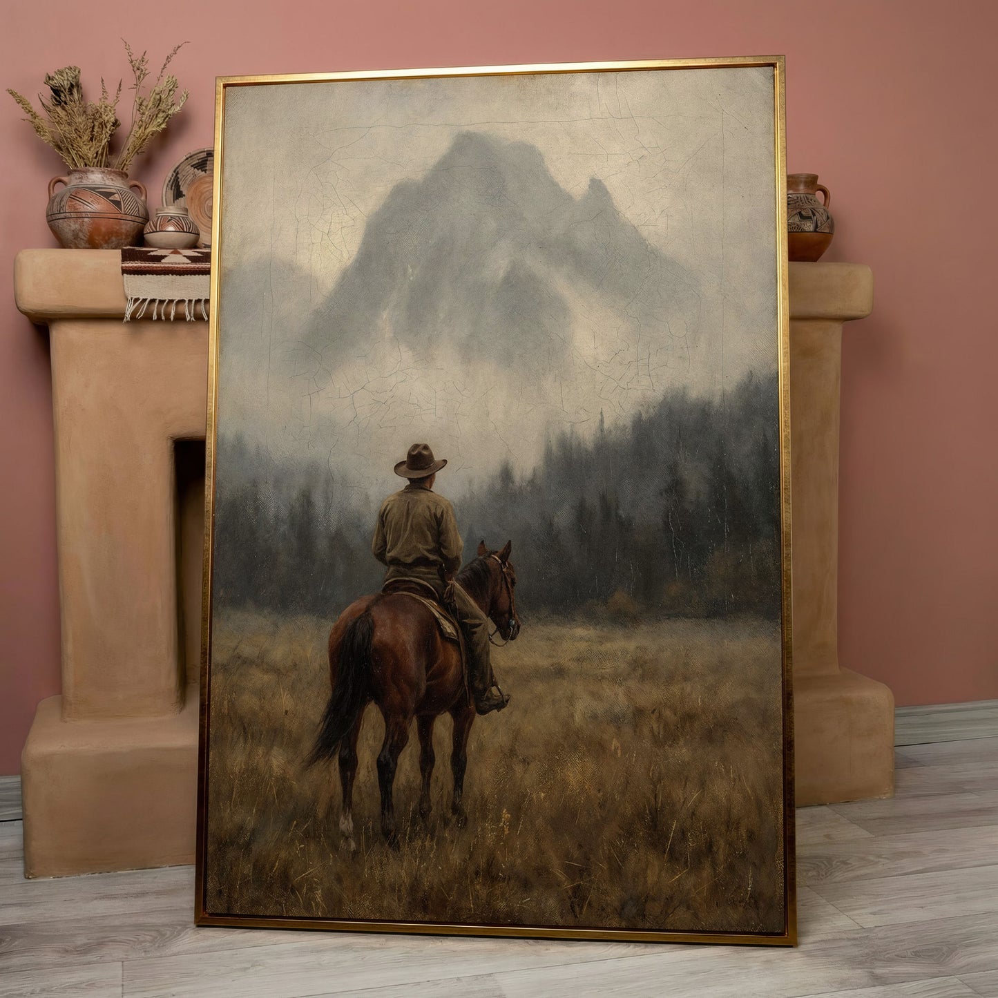 Cowboy on Horseback Canvas Art, Misty Mountain Landscape in rose gold floating frame