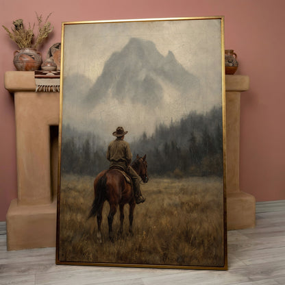 Cowboy on Horseback Canvas Art, Misty Mountain Landscape in rose gold floating frame