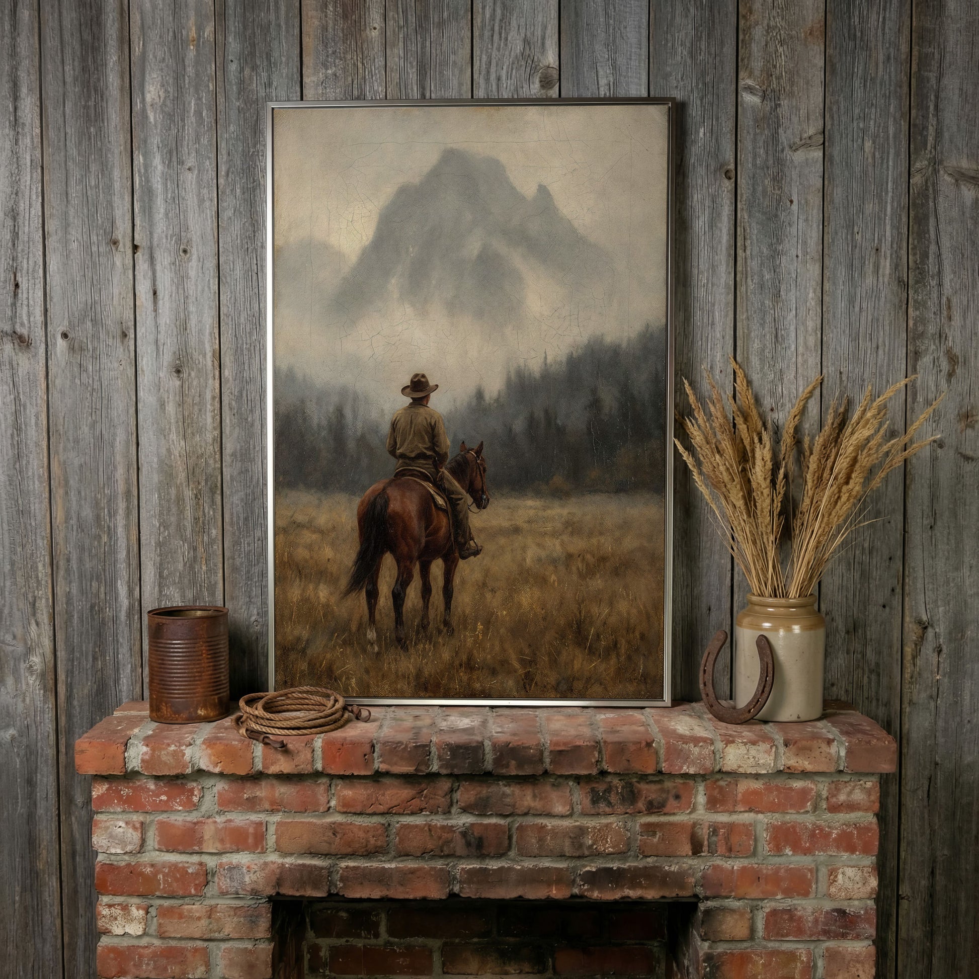 Cowboy on Horseback Canvas Art, Misty Mountain Landscape in silver floating frame