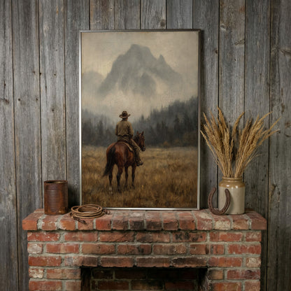 Cowboy on Horseback Canvas Art, Misty Mountain Landscape in silver floating frame
