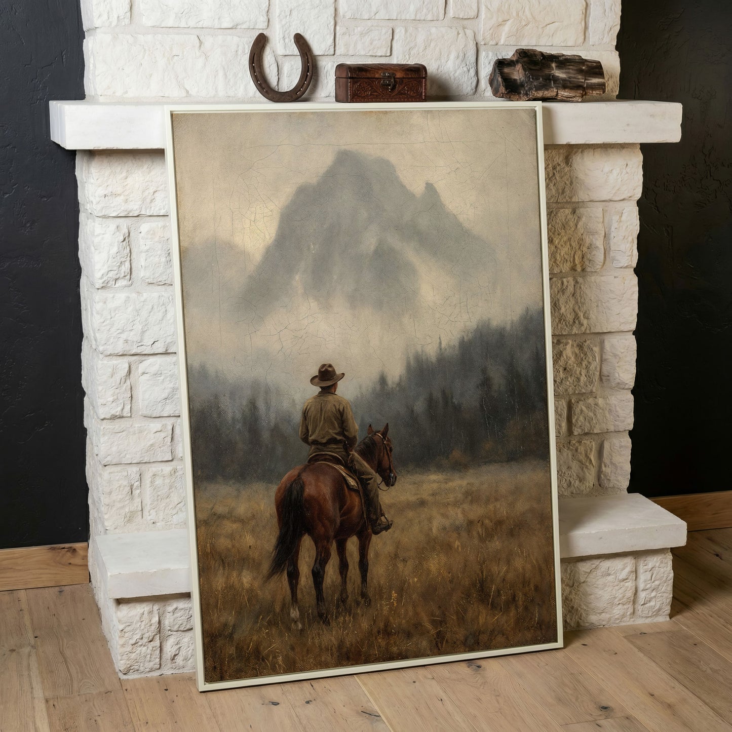 Cowboy on Horseback Canvas Art, Misty Mountain Landscape in white floating frame
