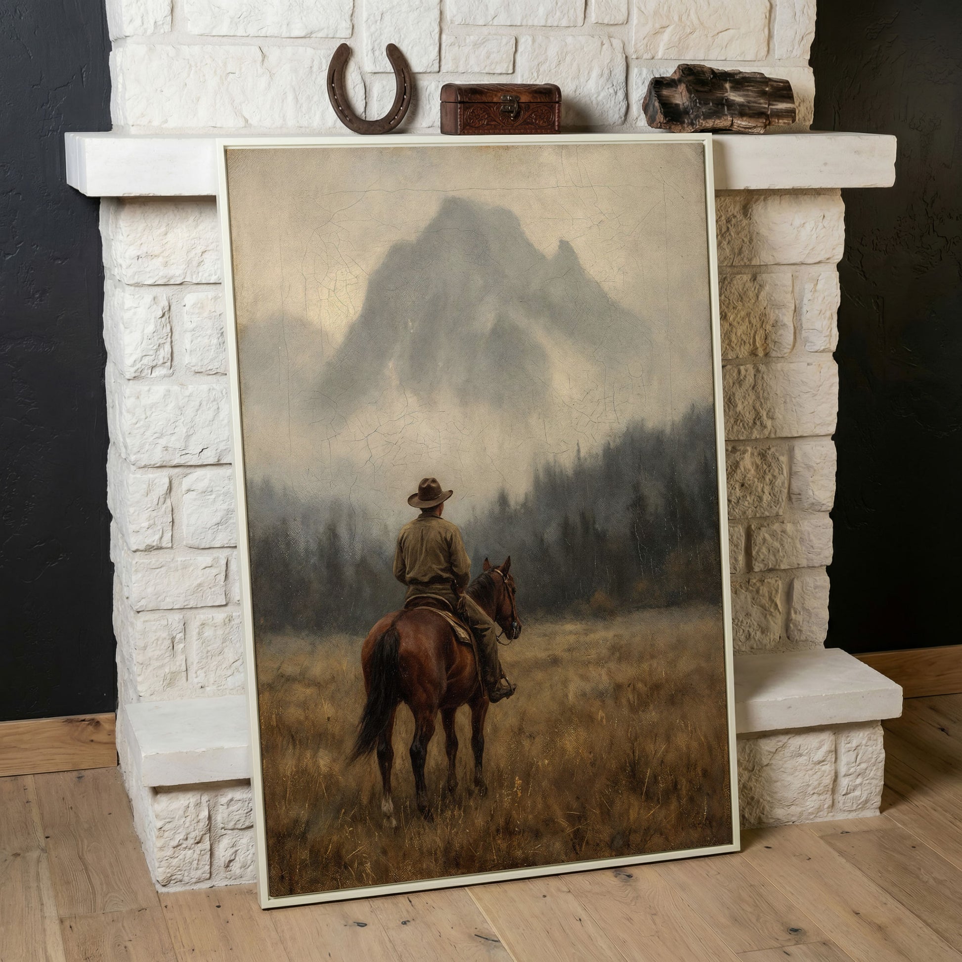 Cowboy on Horseback Canvas Art, Misty Mountain Landscape in white floating frame