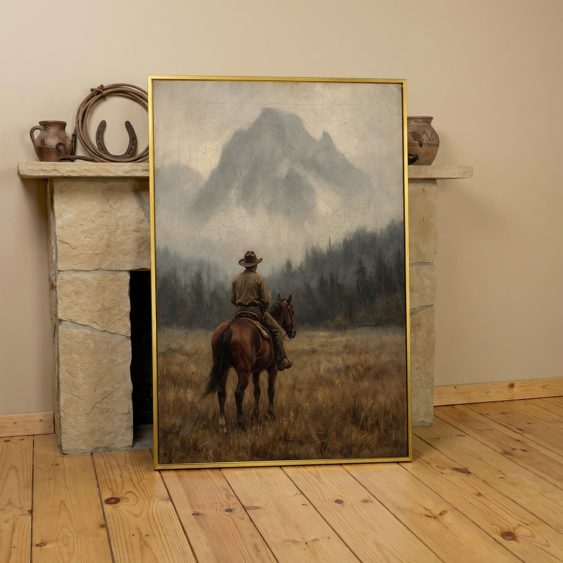 Cowboy on Horseback Canvas Art, Misty Mountain Landscape in yellow gold floating frame