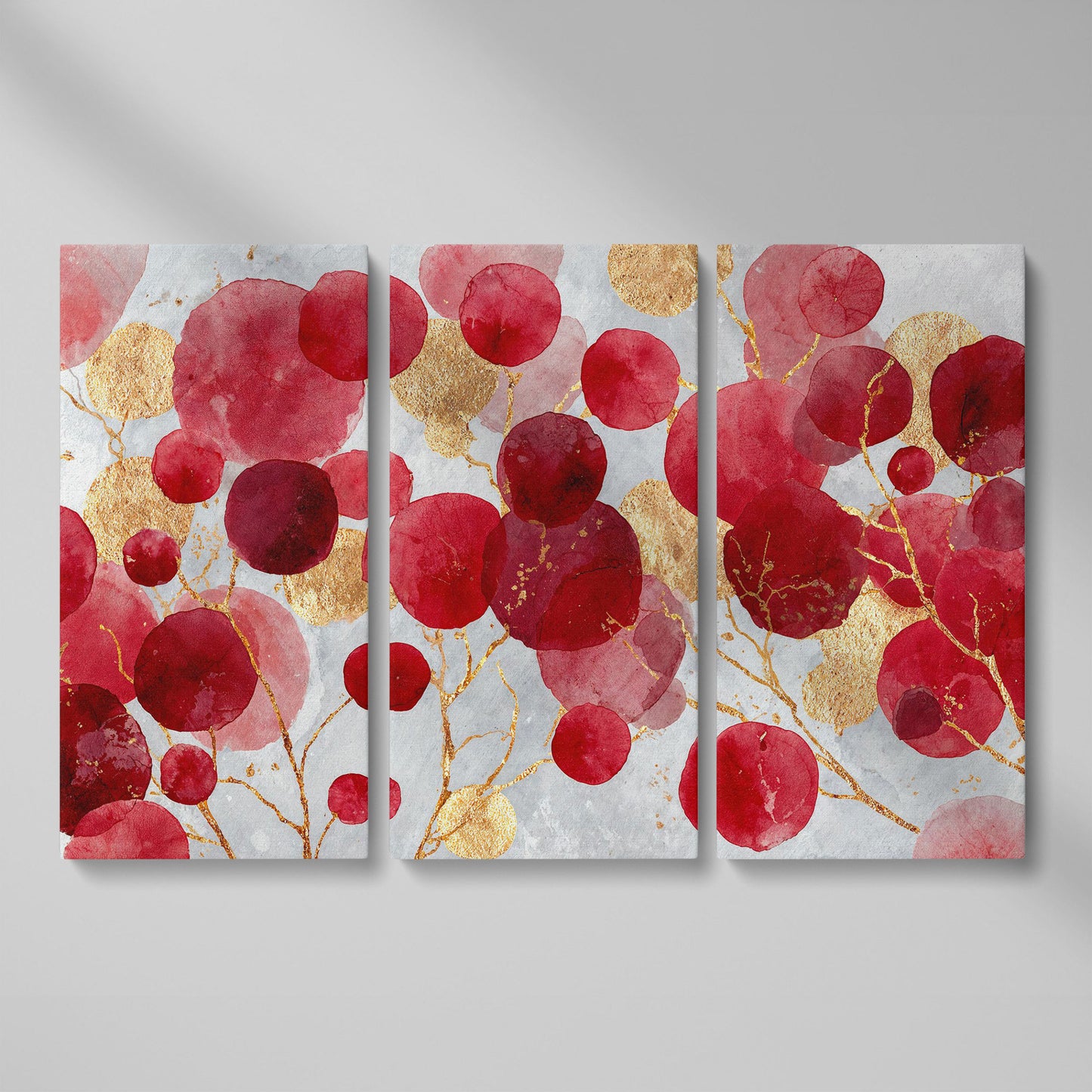 Abstract Botanical Watercolor Canvas Art with Gold Accents as 3-panel split version