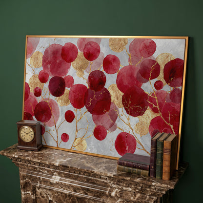 Abstract Botanical Watercolor Canvas Art with Gold Accents in antique gold floating frame