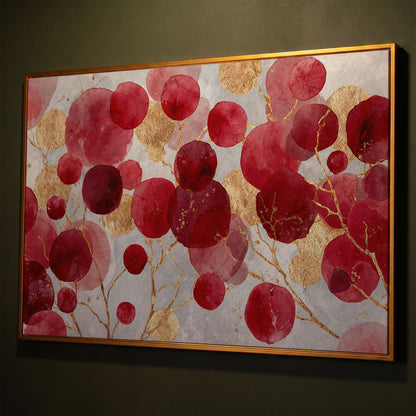 Abstract Botanical Watercolor Canvas Art with Gold Accents shown in antique gold floating frame