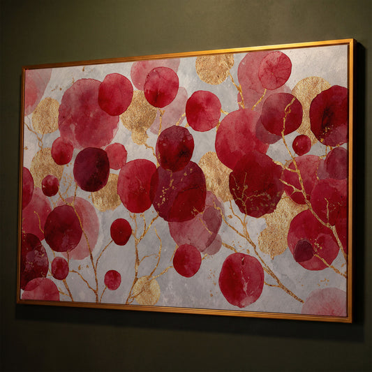 Abstract Botanical Watercolor Canvas Art with Gold Accents shown in antique gold floating frame