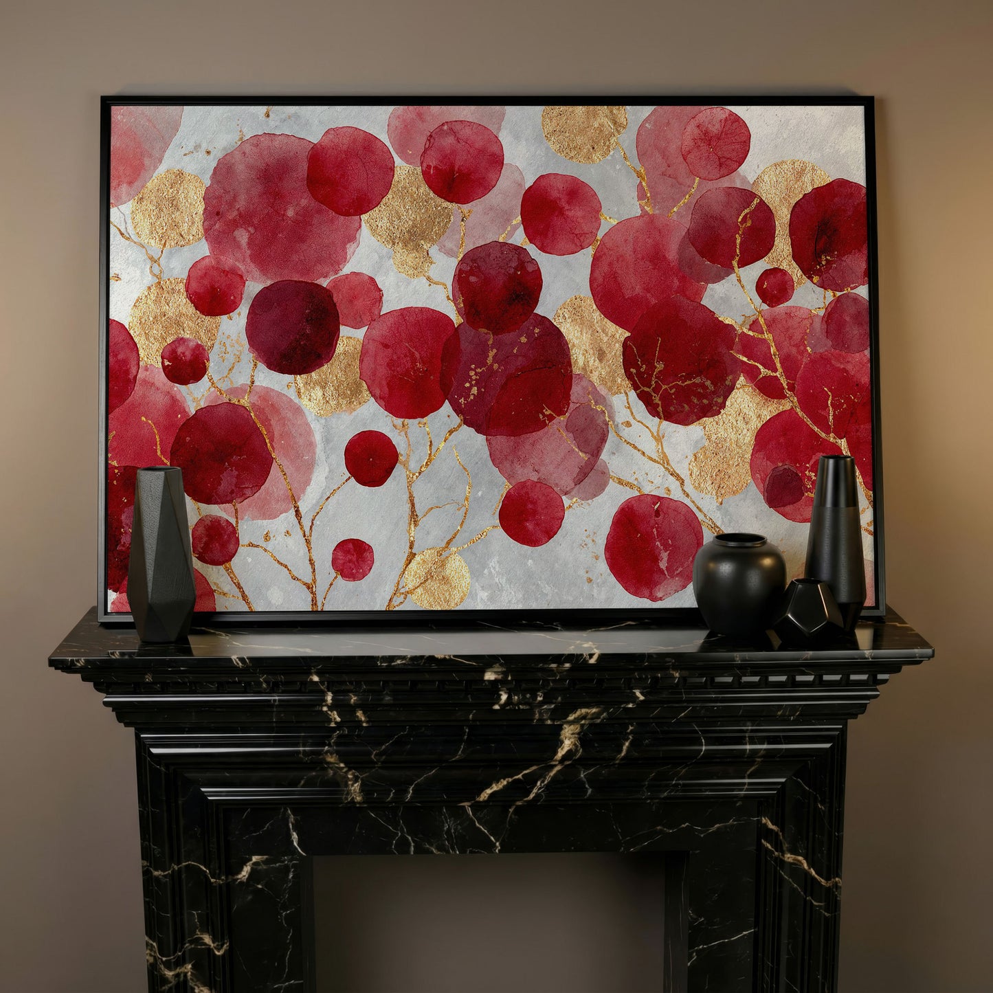 Abstract Botanical Watercolor Canvas Art with Gold Accents in black floating frame