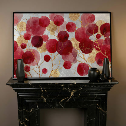 Abstract Botanical Watercolor Canvas Art with Gold Accents in black floating frame
