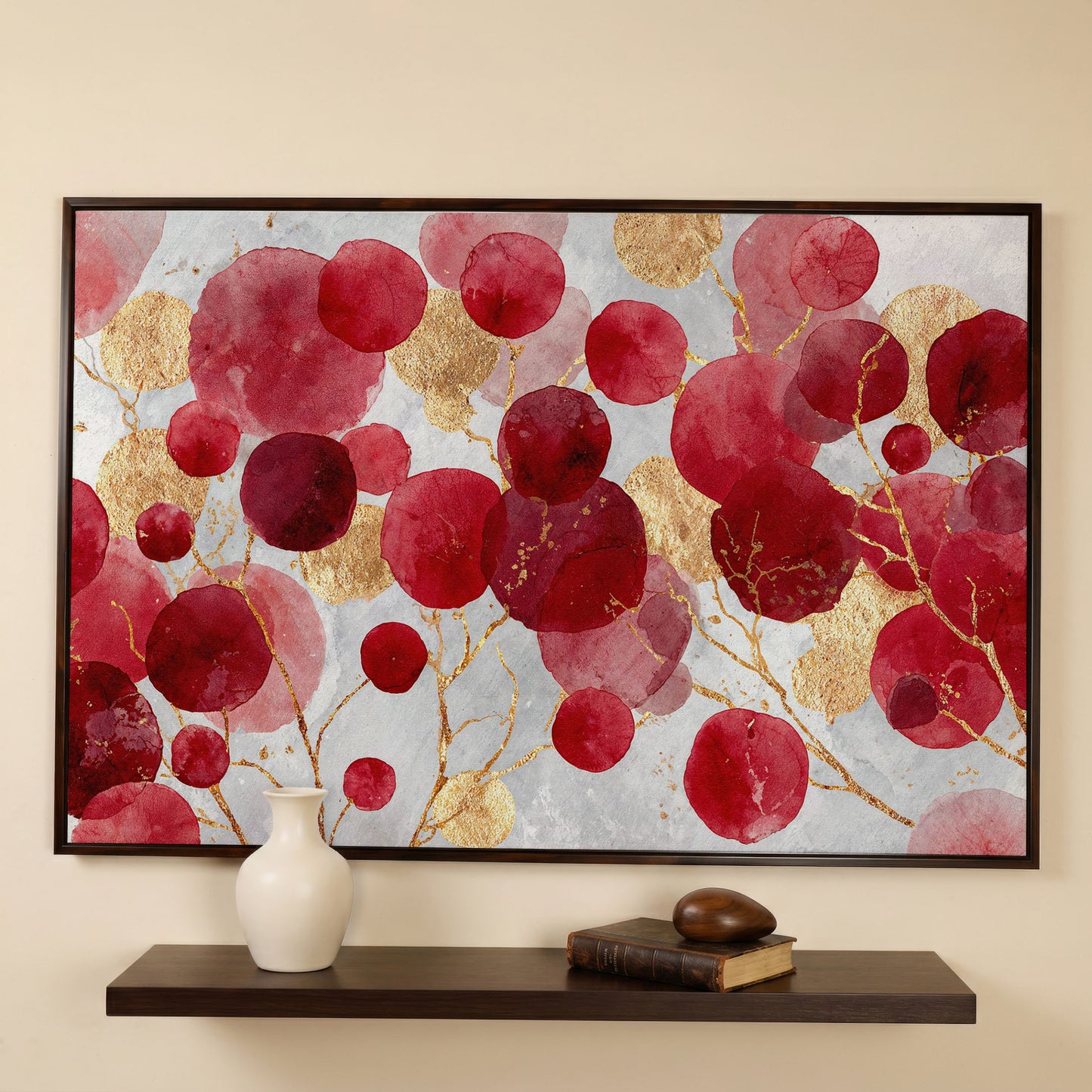 Abstract Botanical Watercolor Canvas Art with Gold Accents in dark walnut floating frame