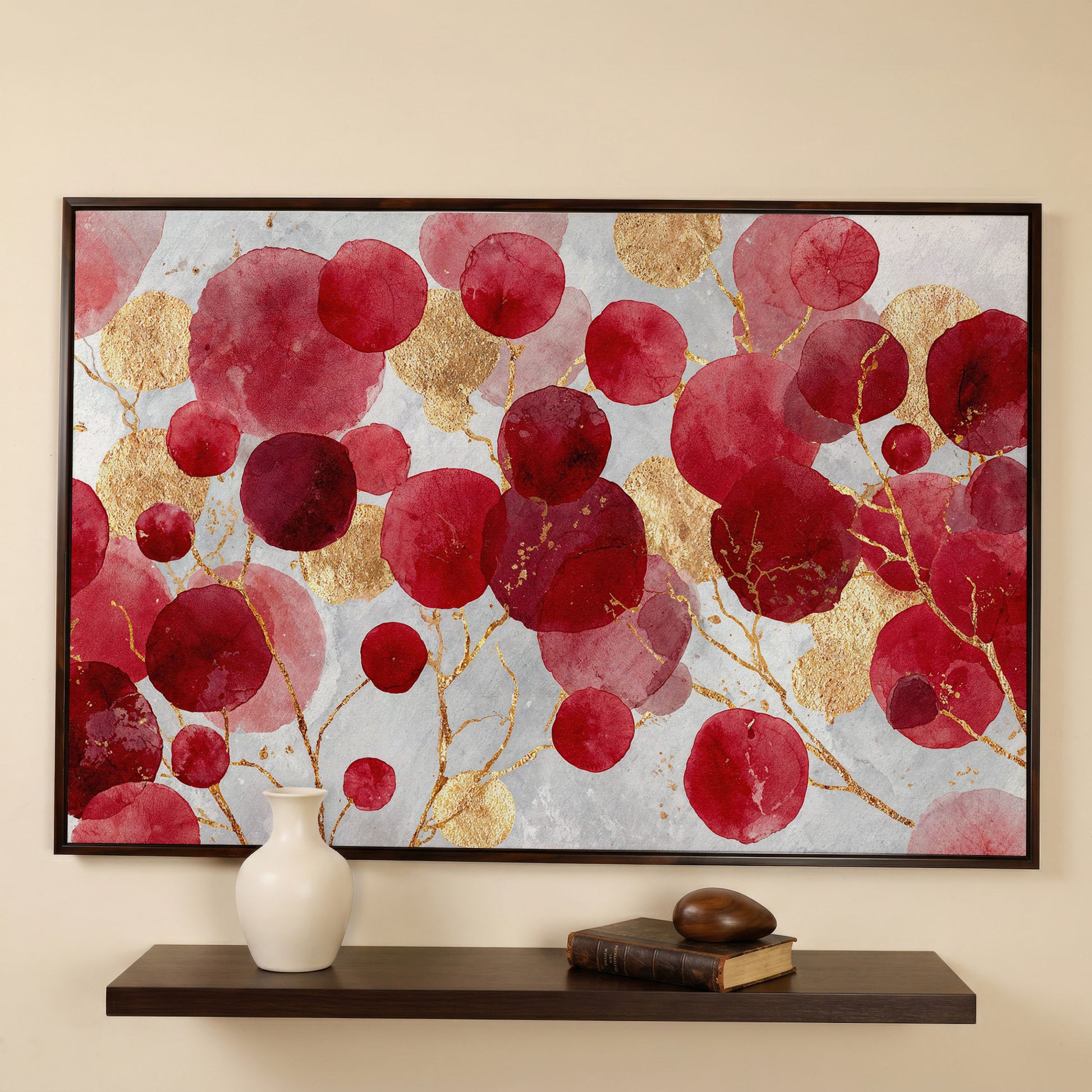 Abstract Botanical Watercolor Canvas Art with Gold Accents in dark walnut floating frame