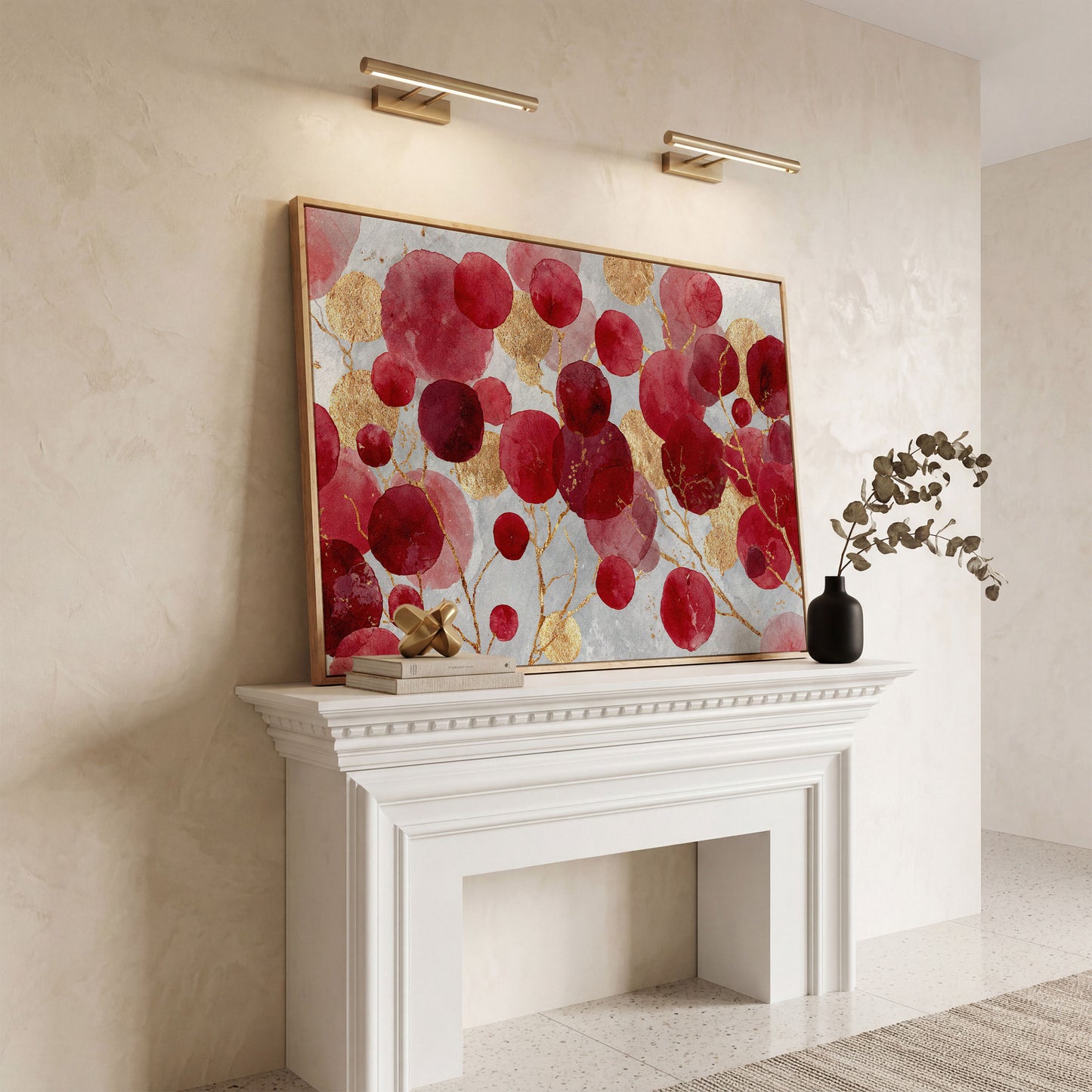 Abstract Botanical Watercolor Canvas Art with Gold Accents in white oak floating frame