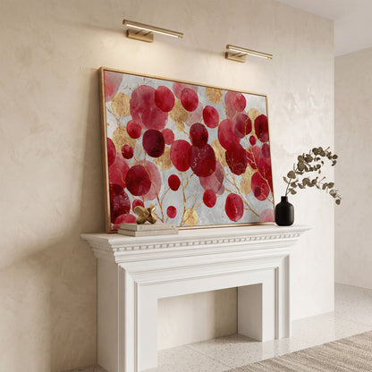 Abstract Botanical Watercolor Canvas Art with Gold Accents in white oak floating frame