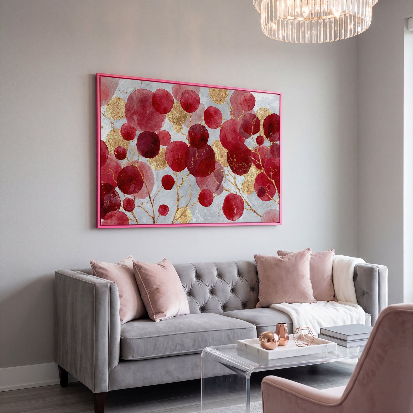 Abstract Botanical Watercolor Canvas Art with Gold Accents in pink floating frame