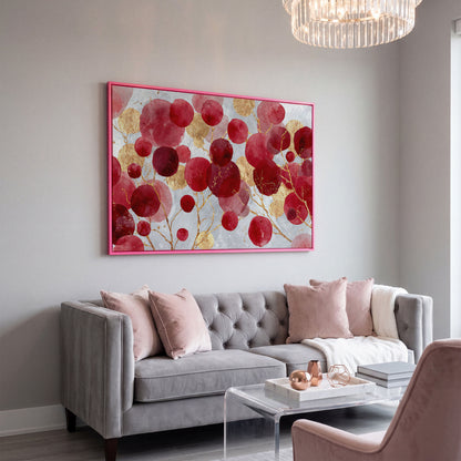 Abstract Botanical Watercolor Canvas Art with Gold Accents in pink floating frame