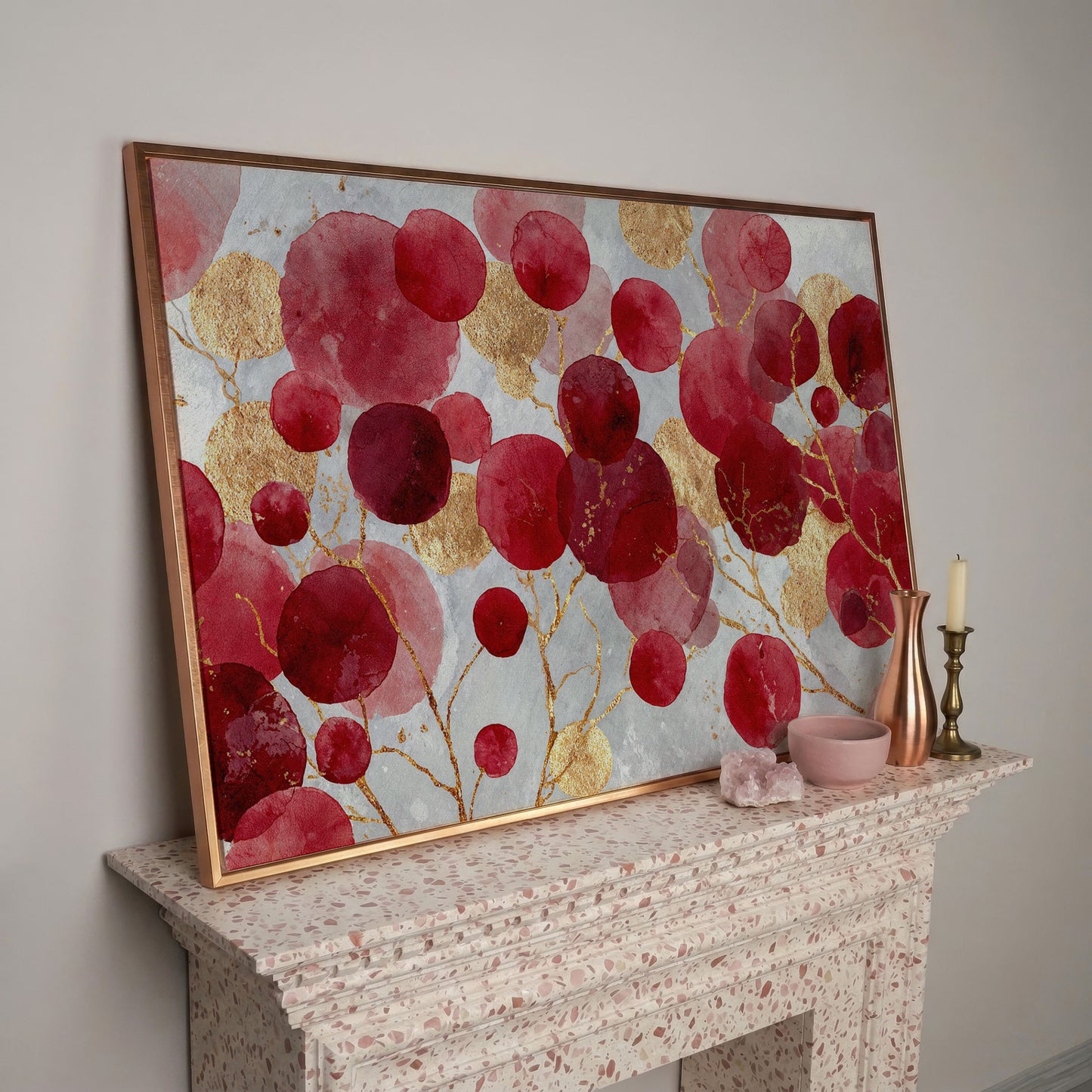 Abstract Botanical Watercolor Canvas Art with Gold Accents in rose gold floating frame