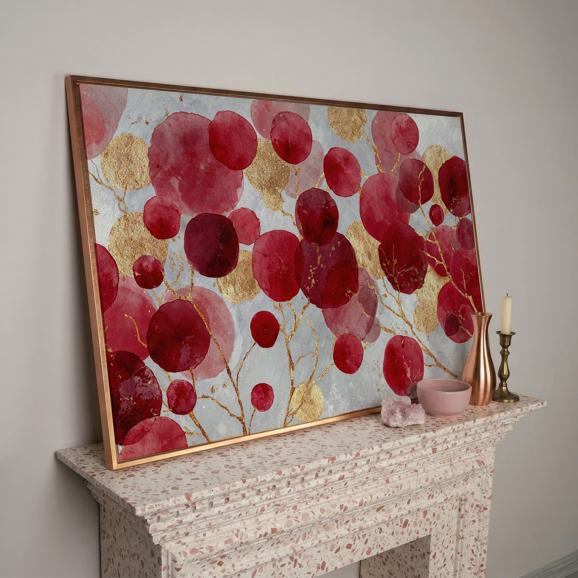 Abstract Botanical Watercolor Canvas Art with Gold Accents in rose gold floating frame