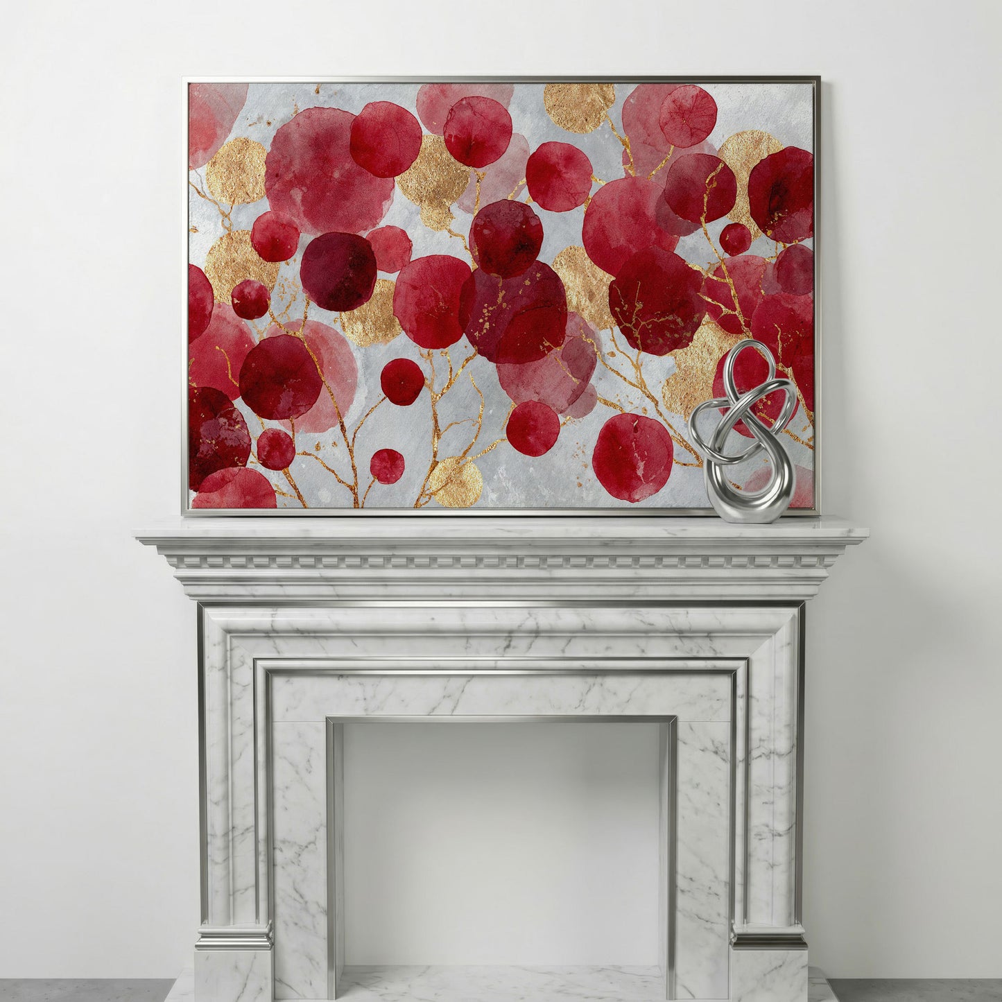 Abstract Botanical Watercolor Canvas Art with Gold Accents in silver floating frame