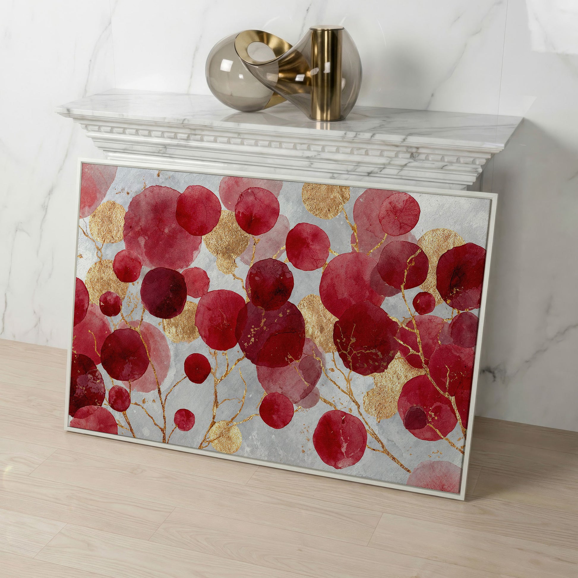 Abstract Botanical Watercolor Canvas Art with Gold Accents in white floating frame