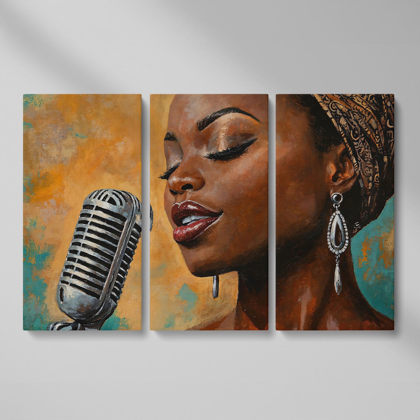 Black Female Jazz Singer Vintage Microphone Canvas Wall Art as 3-panel split version