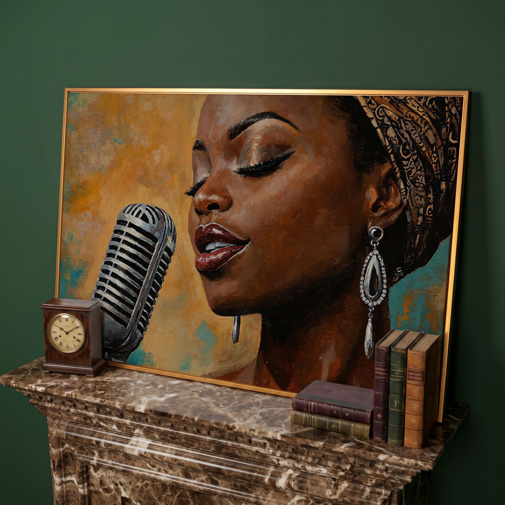Black Female Jazz Singer Vintage Microphone Canvas Wall Art in antique gold floating frame