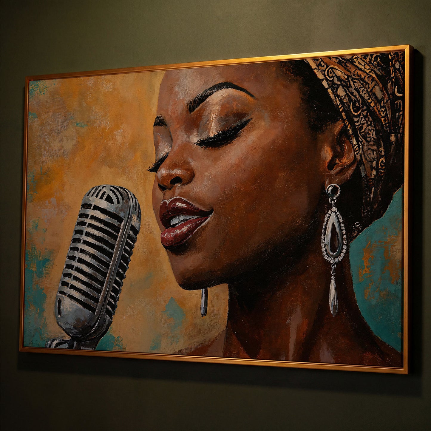 Black Female Jazz Singer Vintage Microphone Canvas Wall Art shown in antique gold floating frame