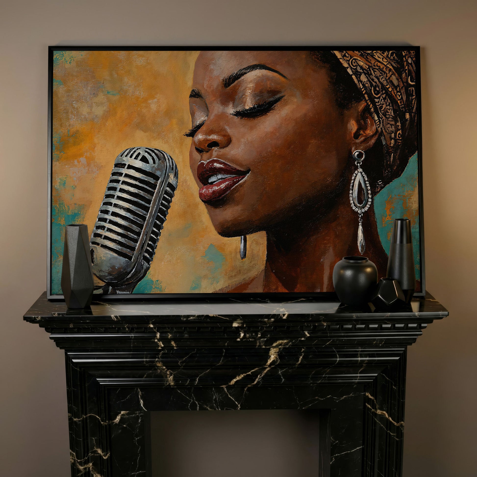 Black Female Jazz Singer Vintage Microphone Canvas Wall Art in black floating frame