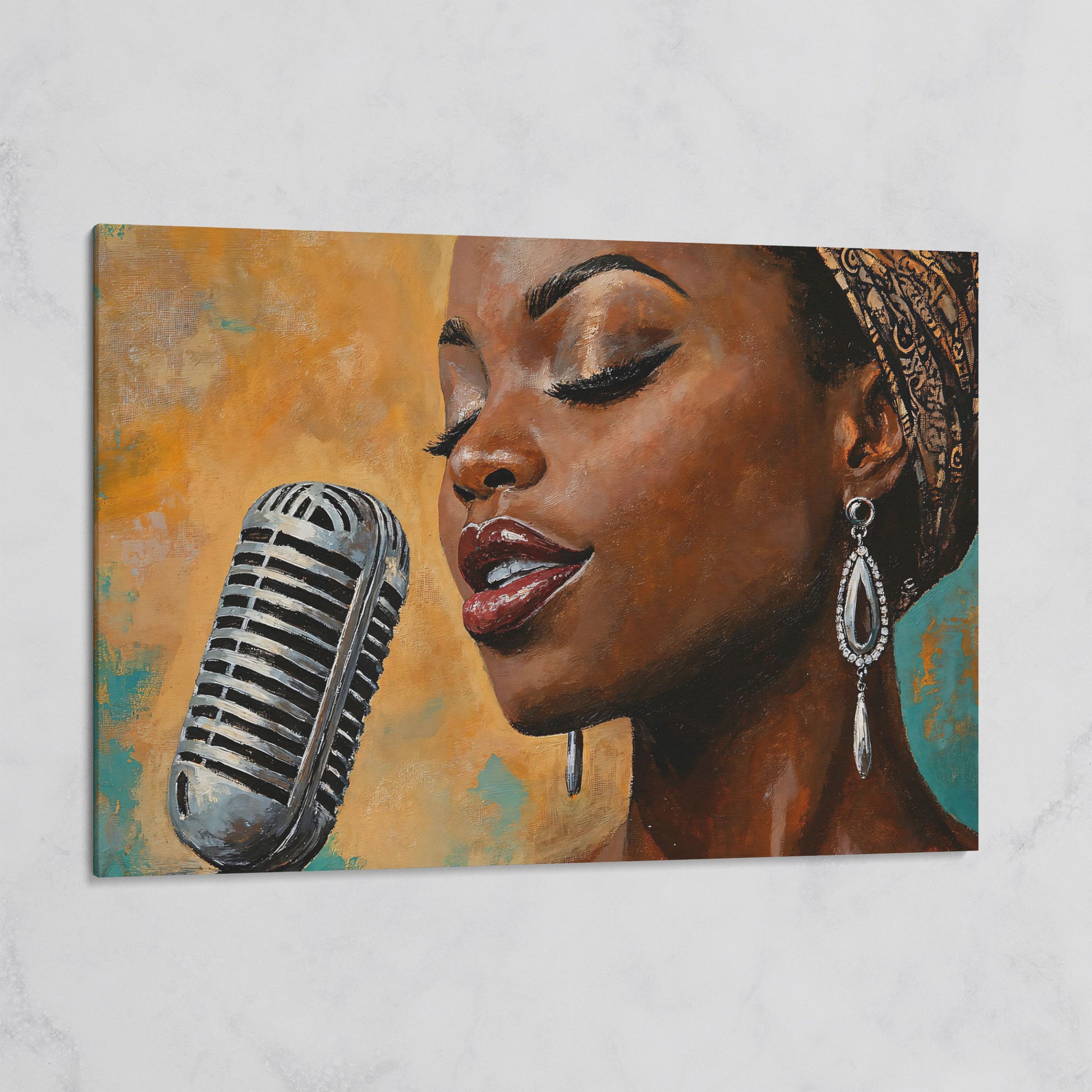 Black Female Jazz Singer Vintage Microphone Canvas Wall Art on gallery wrap