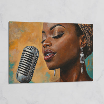 Black Female Jazz Singer Vintage Microphone Canvas Wall Art on gallery wrap