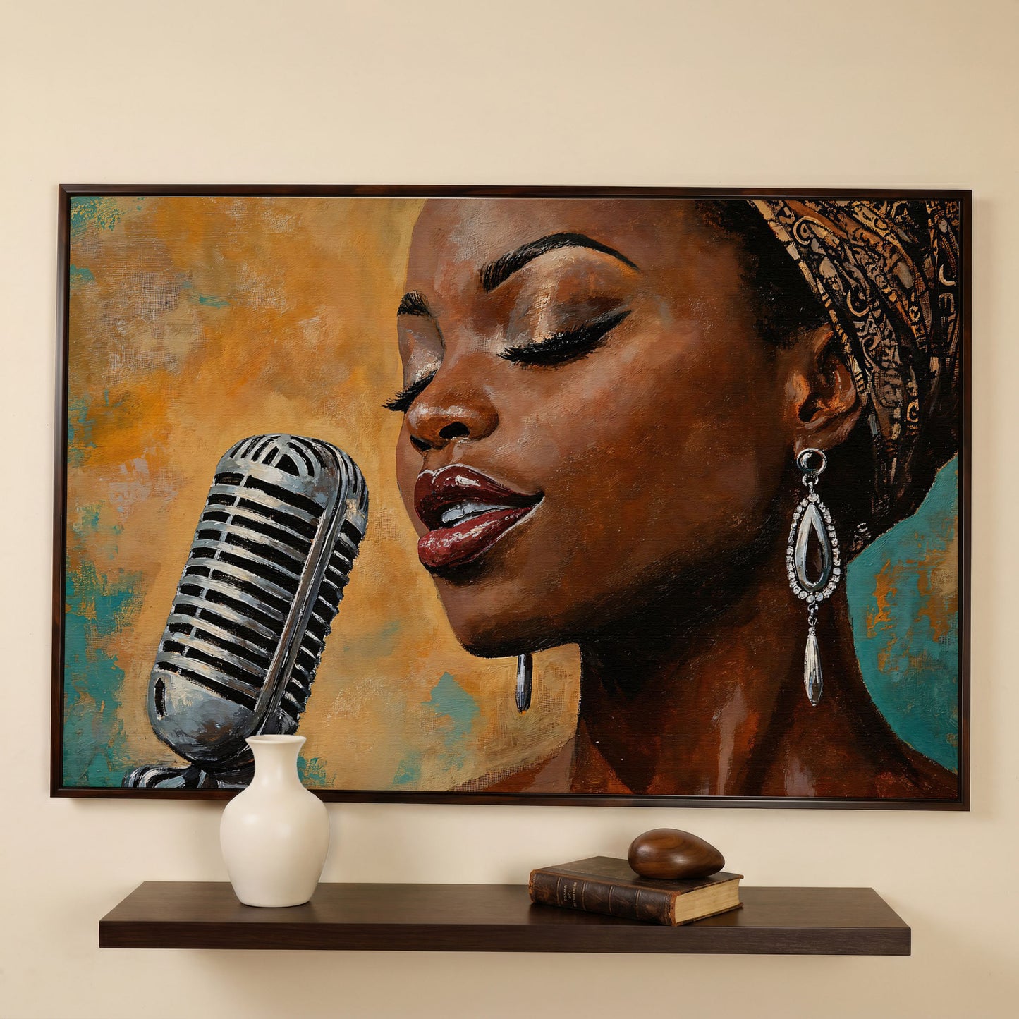 Black Female Jazz Singer Vintage Microphone Canvas Wall Art in dark walnut floating frame